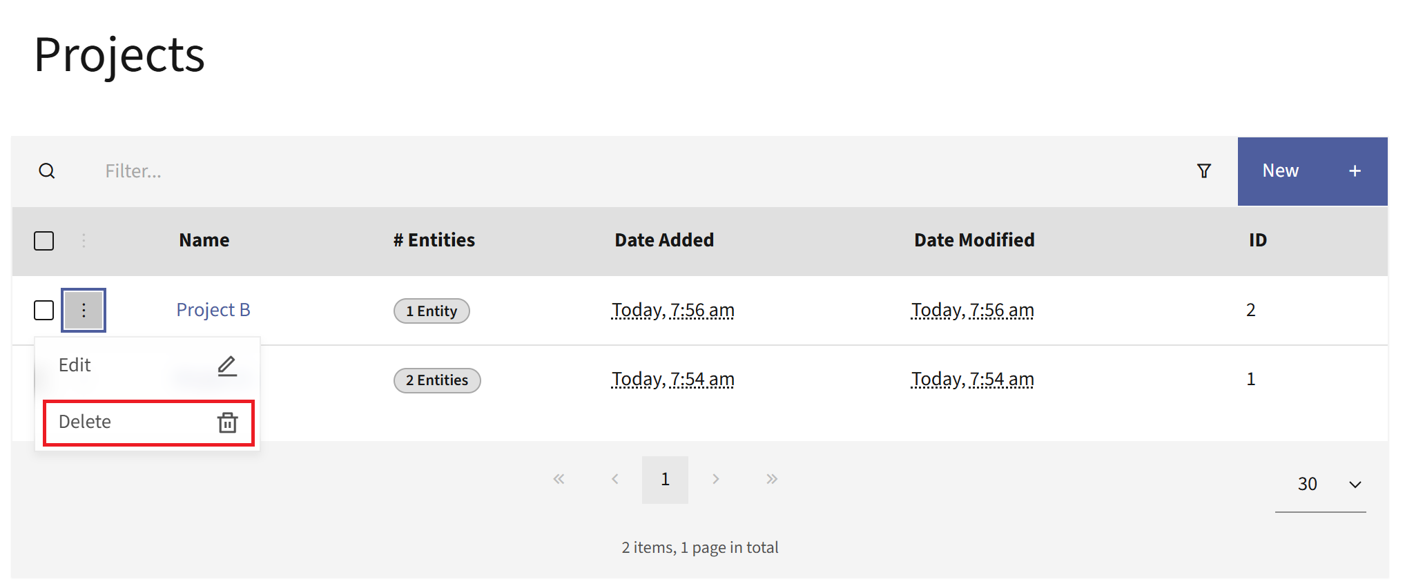 Projects list with the Options menu open and the Delete action highlighted