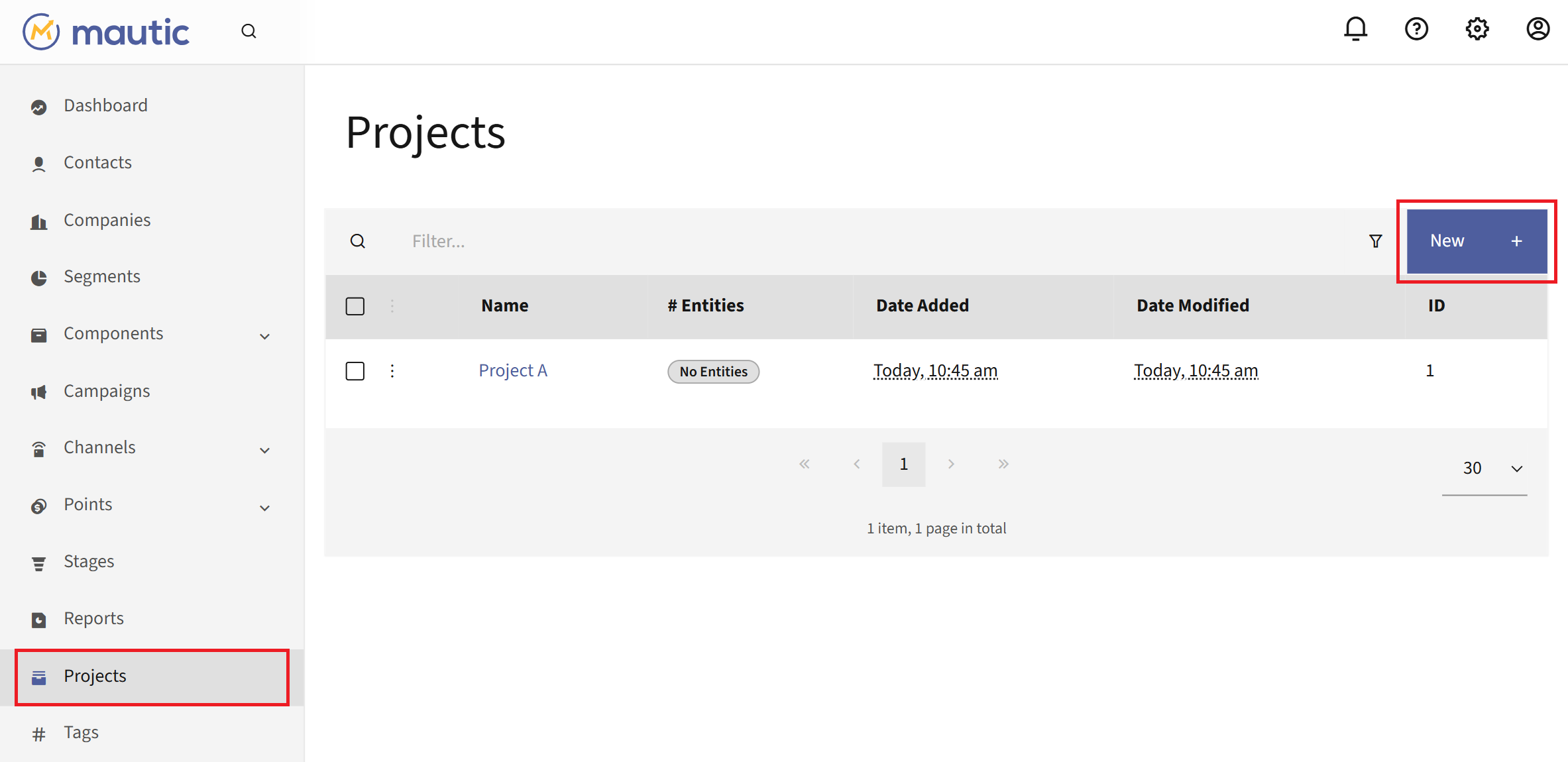 Projects list showing the New button and the Projects entry in the left menu