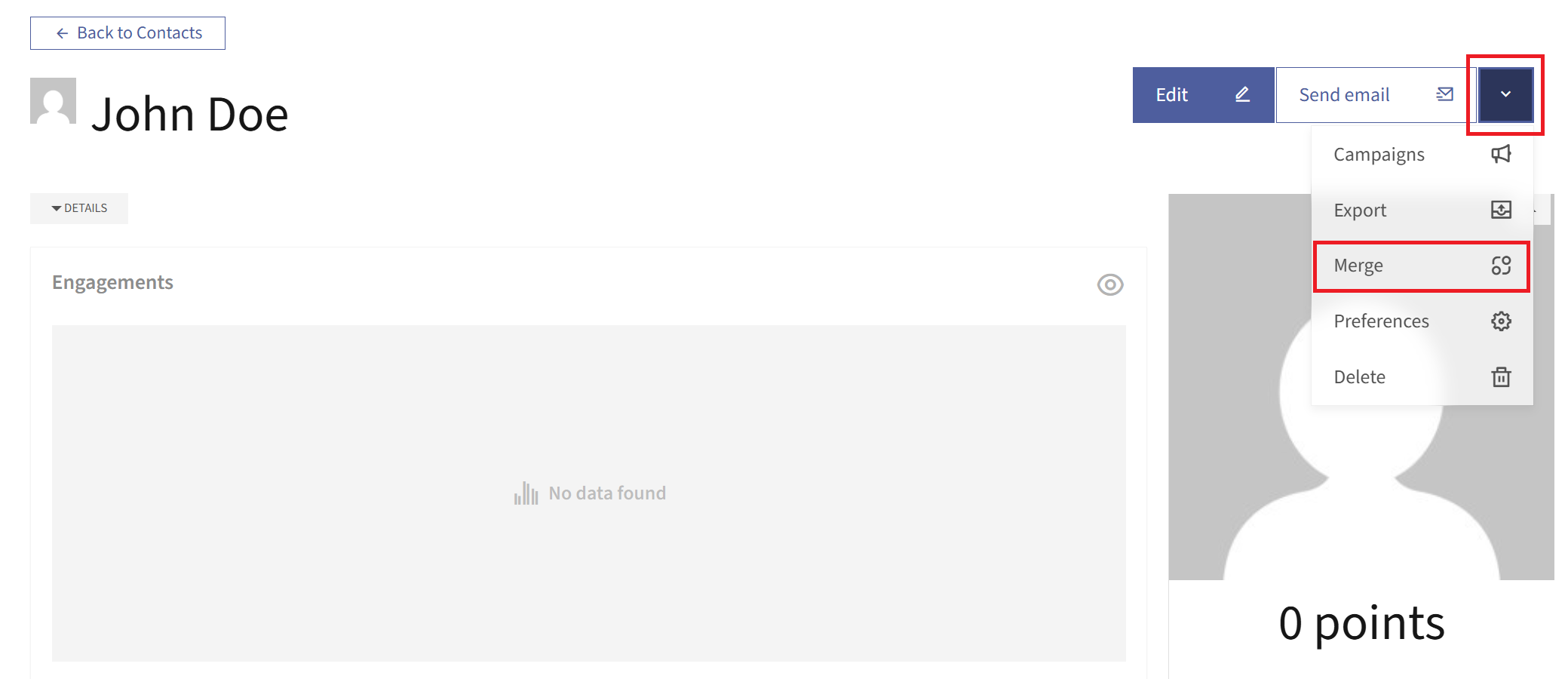 Merge option highlighted in the Contact actions drop-down menu on the Contact detail.