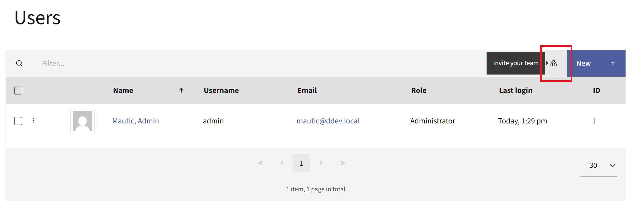 Users page with the Invite your team button highlighted at the top right of the table.