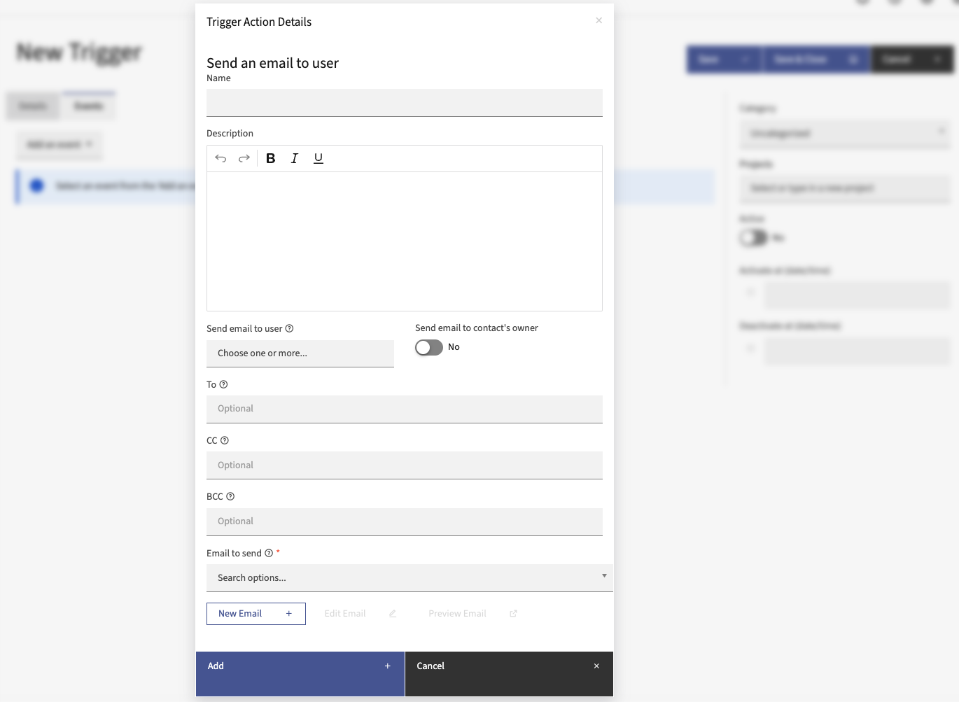 Screenshot of Send an Email to User Email trigger